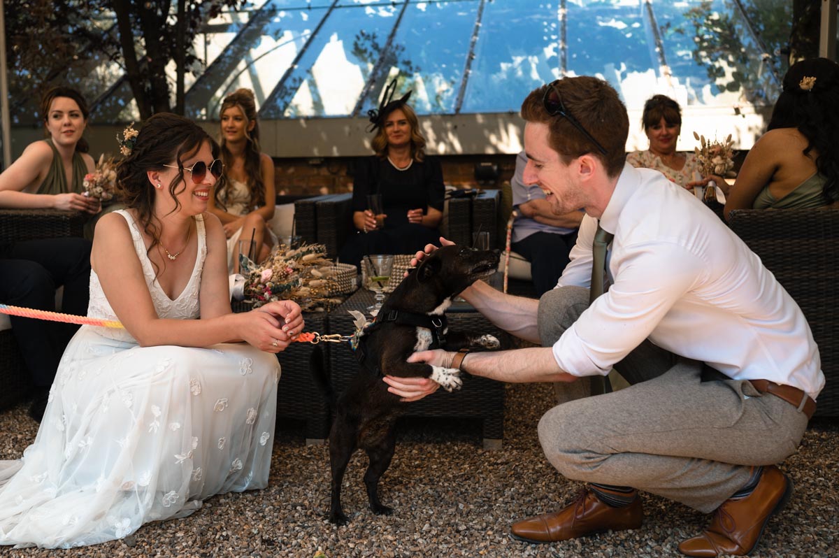 photograph of bride and her dog with best man after wedding ceremony at the secret garden in kent