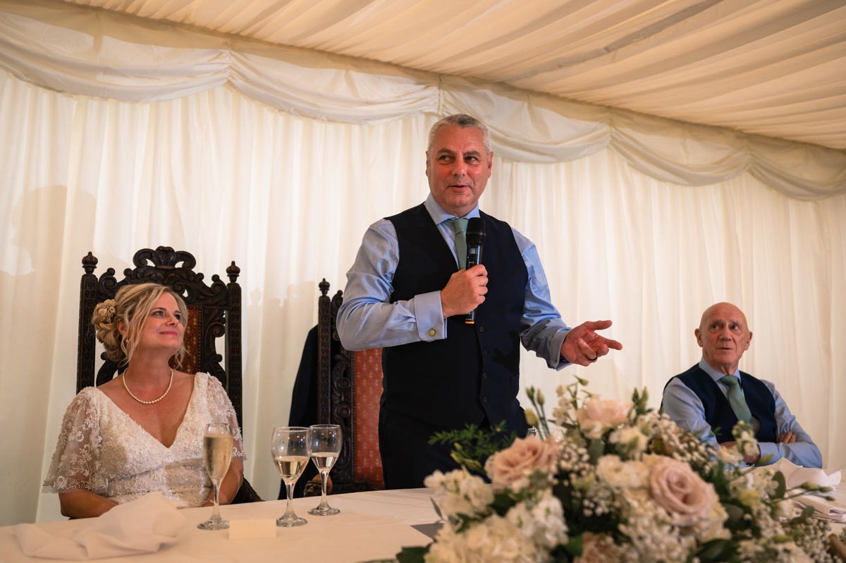 phil makes his speech during westenhanger castle wedding reception in kent