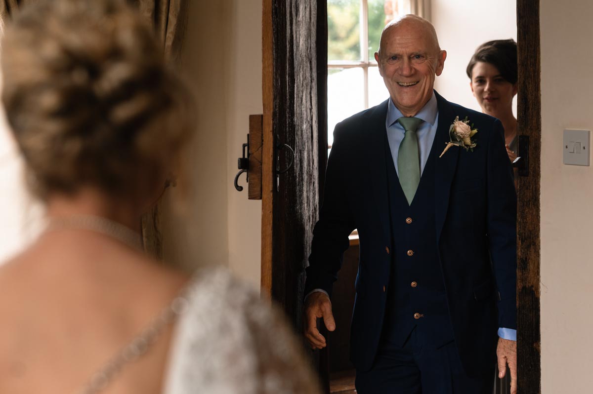 father of the bride sees bride before her westenhanger castle wedding