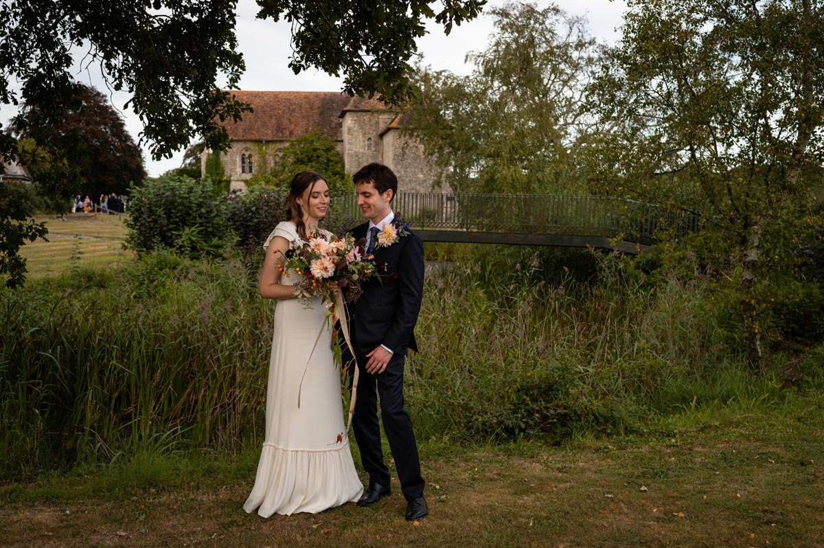 Photograph of Poppy and Pablo on their wedding day at Bilsington Priory near Ashford Kent